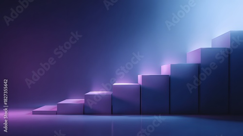 Abstract 3D Render of Illuminated Staircase with Purple and Blue Light.