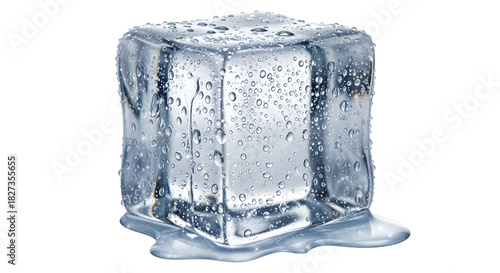 Close-up melting ice cube with water droplets on transparent background