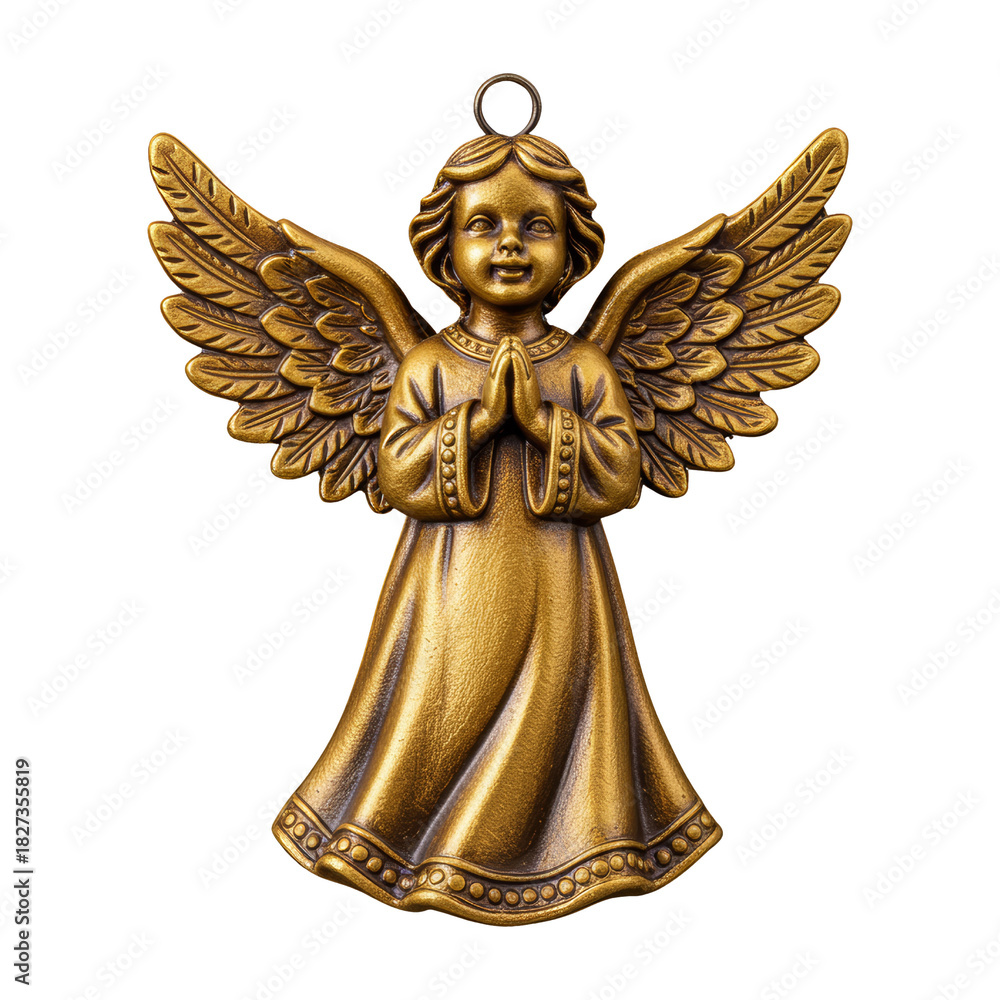 Fototapeta premium Bronze angel statue praying art decor spiritual home close-up view