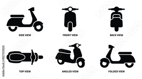 Scooter motorbike side front back top angled and folded views black icons set. Isolated vector illustration