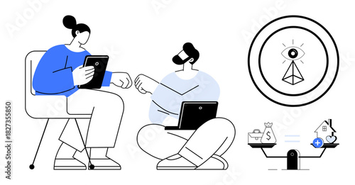 Data collaboration. Two professionals with digital devices engage in teamwork alongside symbolic icons for finances, monitoring, and decision-making. Data collaboration aids workplace productivity