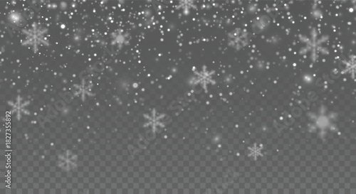 Vector illustration. Snowfall effect with snowflakes and snow balls. Big snow falling banner with snowflakes in different sizes on a transparent background.