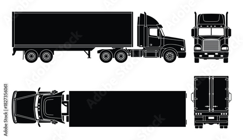 Semi truck black silhouette. Truck and trailer blueprint. Cargo vehicle different viewing angles for logistics.