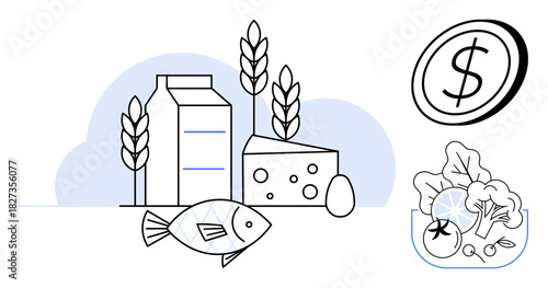 Milk carton, cheese, fish, wheat stalks, egg, salad bowl, and currency sign icon. Ideal for nutrition, budgeting agriculture health diet planning food security and commerce as simple flat