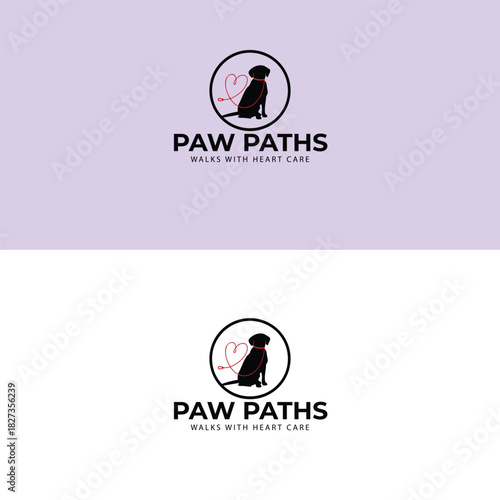 Paw Paths logo with dog silhouette pink heart and circular frame on purple and white backgrounds