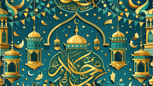Illustration of islamic decorations with lanterns and crescent moons on a teal background design