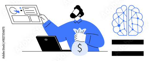 Person with money bag engaging with data panel and neural network visualization. Ideal for AI, finance, analytics, decision-making, innovation, investment, and digital transformation. Simple flat