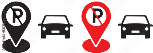 no Parking location pin icon. Safety signs. gate warning sign. Radar with targets on monitor, Earth globe, Location the, Cafe and restaurant location, Parking car barrier
