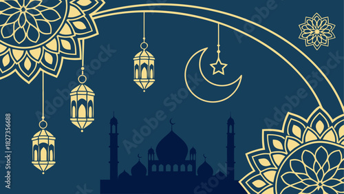 Illustration of a mosque silhouette with lanterns and crescent moon for ramadan theme design
