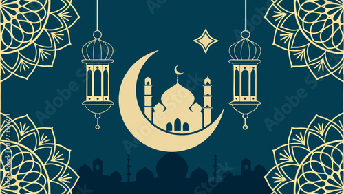 Illustration of a mosque with a crescent moon, lanterns, and floral patterns on a teal background