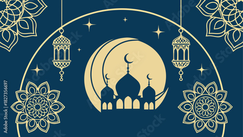 Illustration of a mosque silhouette with crescent moon lanterns and floral patterns on a blue background