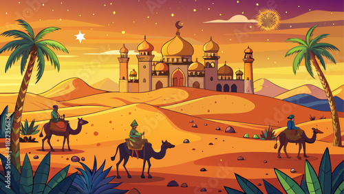 Illustration of desert landscape with camels, palm trees, and a mosque at sunset or sunrise scene