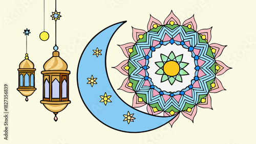 Illustration showing lanterns, crescent moon with stars, and a decorative mandala on a light background