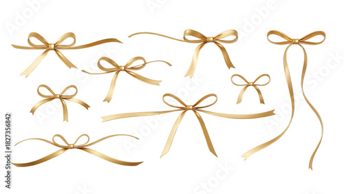 Minimal gold ribbons and bows set, soft curves, isolated on neutral background