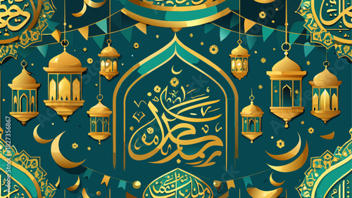 Illustration of islamic calligraphy with lanterns and crescent moons on a teal background design