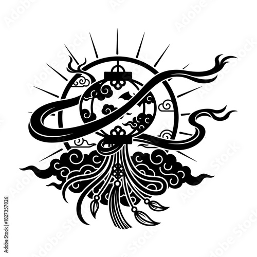 Lunar New Year Lantern Detailed blue glowing lantern silhouette with swirling ribbon