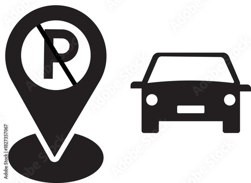 no Parking location pin icon. Safety signs. gate warning sign. Radar with targets on monitor, Earth globe, Location the, Cafe and restaurant location, Parking car barrier