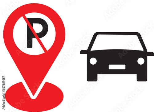no Parking location pin icon. Safety signs. gate warning sign. Radar with targets on monitor, Earth globe, Location the, Cafe and restaurant location, Parking car barrier