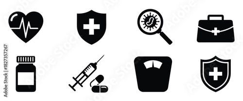 Medical and healthcare icons. Heart rate, shield, virus, briefcase, medicine, syringe, weight scale symbols.