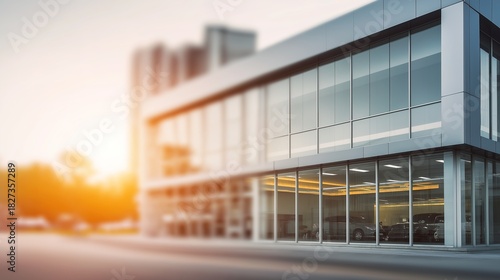 Blurred modern vehicle dealership exterior, defocused business background with automobile showroom architecture and commercial display, automotive retail visualization with copy space