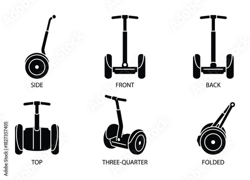 Segway scooter silhouettes from side front back top three-quarter and folded views isolated on white.