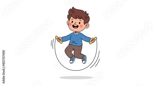 Happy and active young boy enthusiastically jumping rope, engaged in a cheerful physical exercise for healthy childhood development and play