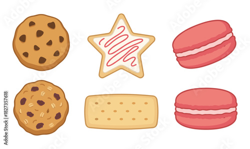 Collection of sweet baked goods including chocolate chip cookie, shortbread, star cookie, and macarons.