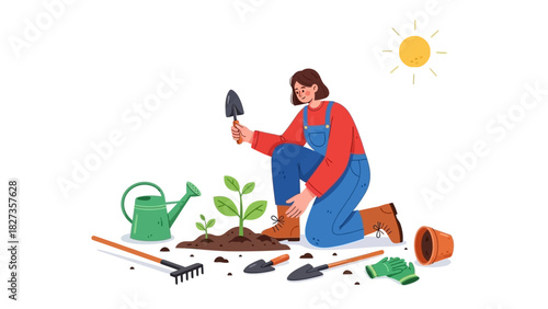 Gardening Illustration Woman planting a seedling with tools and sunshine, gardening activity concept
