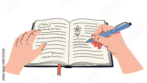 Engaging in mindful journaling and creative writing, a person's hands meticulously capture thoughts and ideas in an open notebook