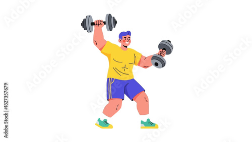 Energetic Man Joyfully Lifting Dumbbells with Enthusiasm, Engaged in a Dynamic Strength Training Workout for Fitness