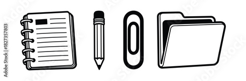 Office and education stationery set. Collection of notebook, pencil, paper clip, and folder. Hand-drawn outline icons.