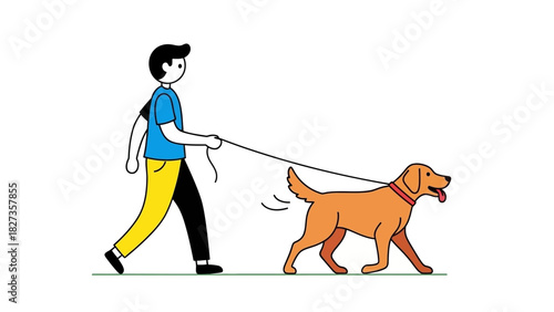 Minimalist line art illustration of a young man walking his happy golden retriever dog on a leash