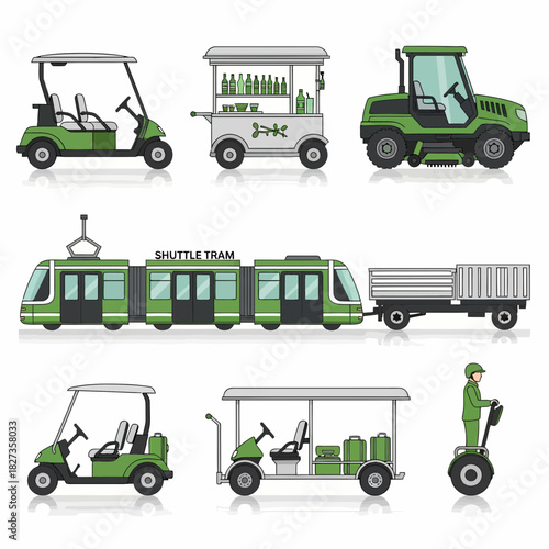 A collection of green and white vehicles including trams carts and a tractor