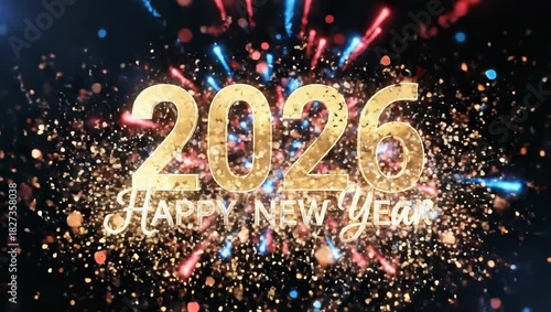 Energetic New Year Countdown 2026 Celebration with Red Blue Fireworks Sparklers and Bokeh Effects