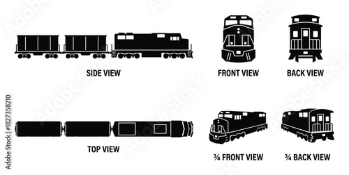 Train and freight cars in various viewing angles flat icon set including side, front, back, top, three-quarter front, and three-quarter back views