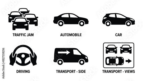 Transportation icons with traffic jam, automobile, driving, and different vehicle views for concepts.