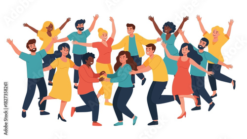 Diverse group of people celebrating and dancing together with arms raised in the air
