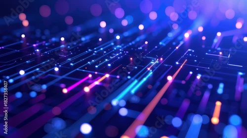 Close up of a futuristic circuit board with glowing neon blue purple and pink traces, rapid data flow, and a slow forward push with a subtle right pan revealing depth and moving bokeh