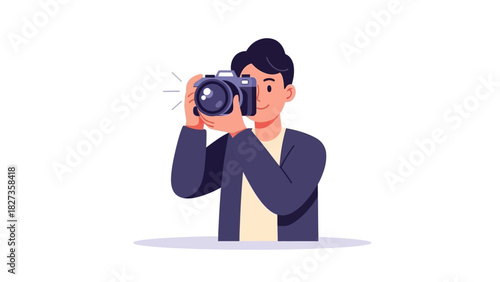 Man with camera taking a photo, creative hobby and profession of photography