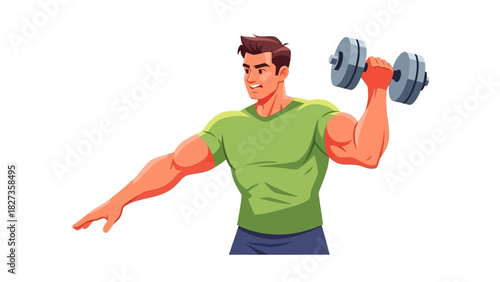 Muscular man lifting a dumbbell, demonstrating strength and fitness with a determined expression and healthy physique, ideal for health and wellness content