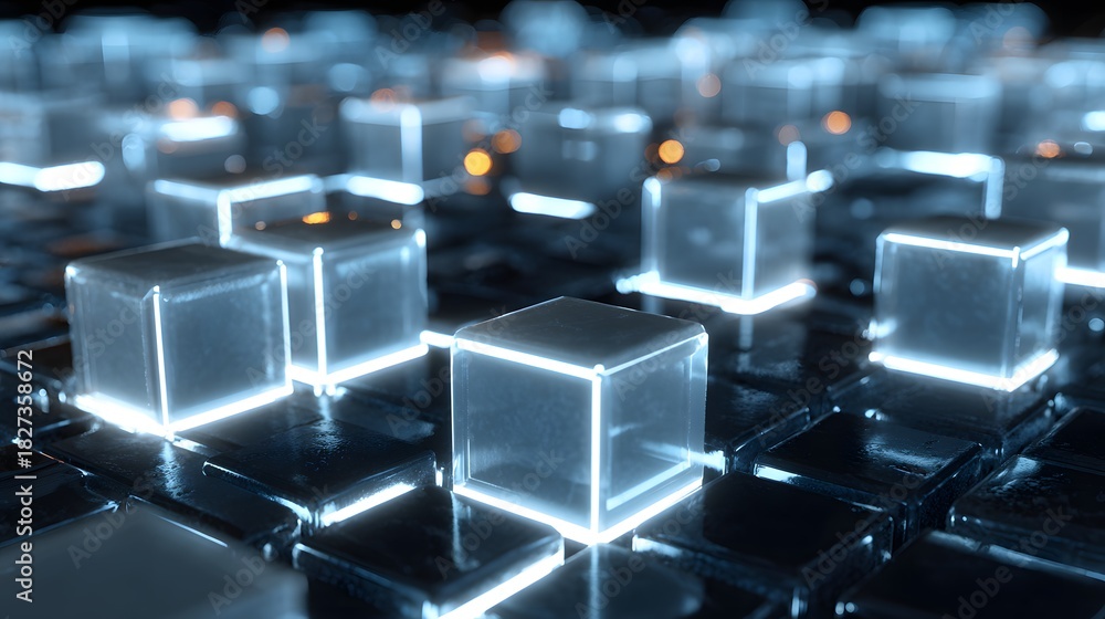 Obraz premium Abstract Glowing Cubes on a Dark Grid Surface Representing Data, Technology, and Digital Connections.