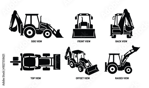 Backhoe loader vector set showing side front back top offset and raised view positions