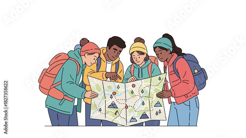 A diverse group of young friends with backpacks hiking together and looking at a paper map to navigate their route and plan their journey