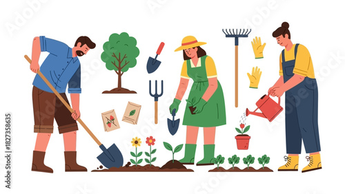 Enthusiastic gardeners cultivate a vibrant outdoor space, planting seeds and nurturing new life with various tools for a bountiful harvest
