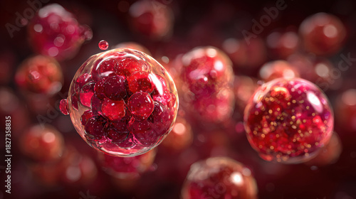 Microscopic View of Red Blood Cells or Stem Cells with Transparent Membrane, Scientific Visualization of Cells, Medical Research Concept, Cell Biology, Hematology, Microbiology, 3D Rendering