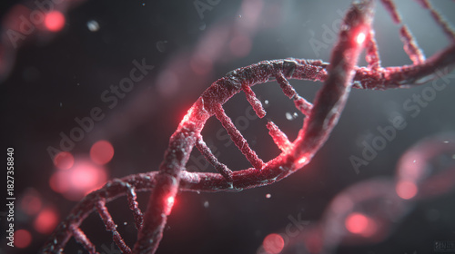 Detailed 3D Render of a Red DNA Double Helix Structure with Bokeh Lights, Representing Genetics, Biotechnology, and Scientific Research, Illustrating the Complexity of Life and Medical Advancements