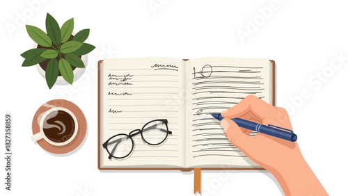 Vector illustration of daily planning and note-taking in a diary with a pen, glasses, and a cup of coffee