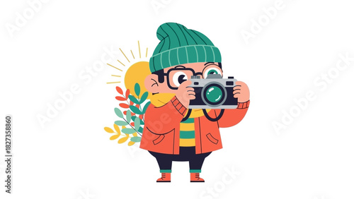 Cartoon photographer with camera and glasses wearing a winter hat and coat, taking photos