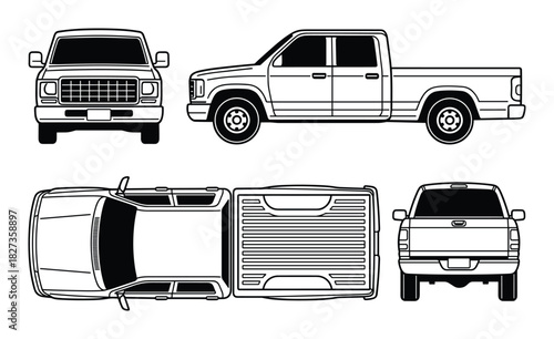 Old pickup truck blueprint. Classic vehicle outline. Different viewing angles for restoration projects.