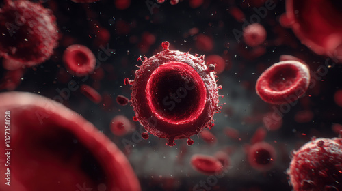 Microscopic View of Red Blood Cells and Virus, Medical Illustration of Bloodstream Infection, Viral Disease, Scientific Visualization of Pathogens and Cells, Microbiology Concept